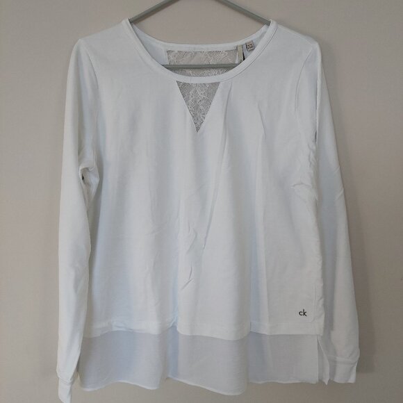 Calvin Klein White Long Sleeve Top Lace V-neck Insert & Sheer Layered Hem Sz XL - Picture 1 of 10